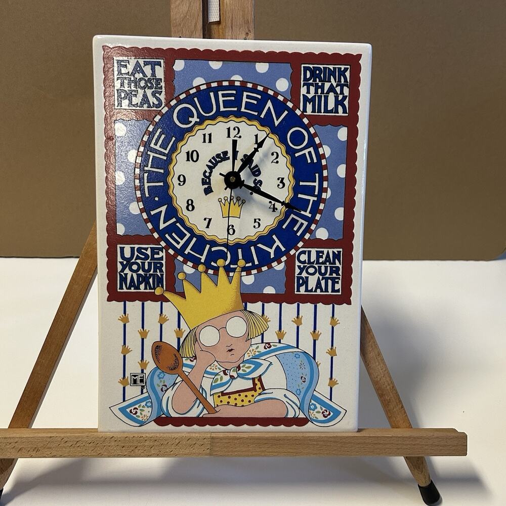 Vintage 1994 Mary Engelbreit Ceramic Tile Clock “The Queen Of The Kitchen”WORKS